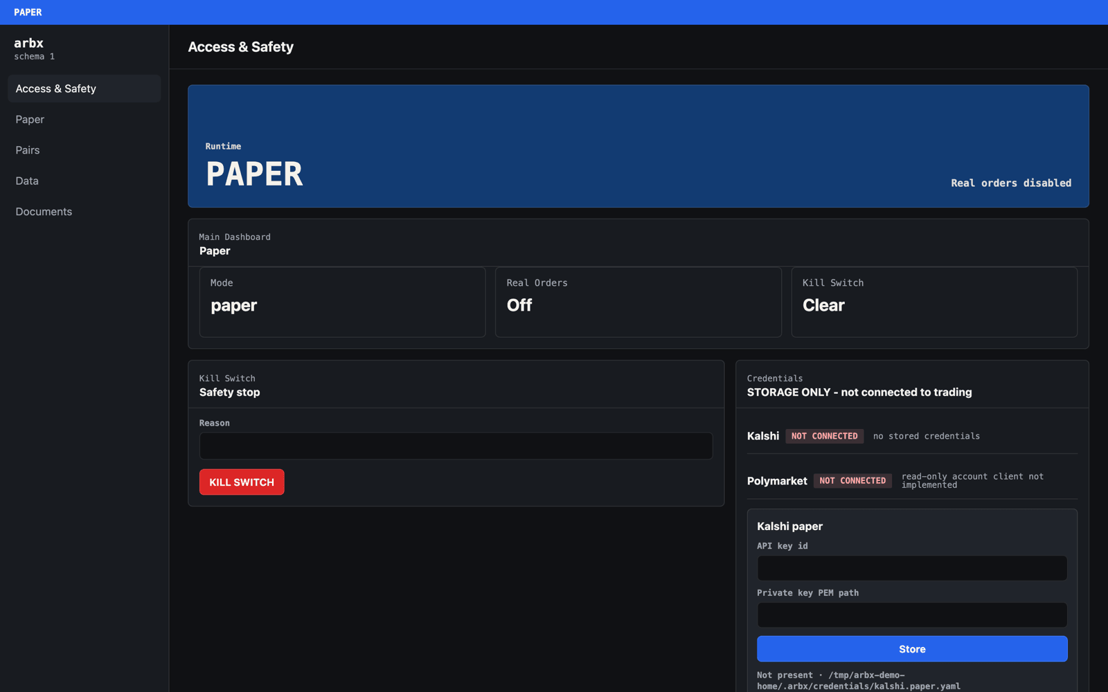 The access and safety tab, showing paper runtime mode, real orders disabled, a clear kill switch, and storage-only credential fields.