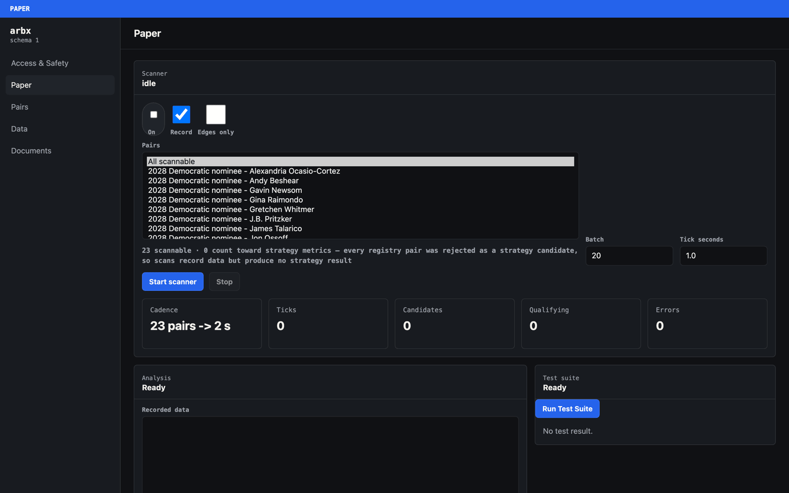 The paper-trading tab of the research cockpit, showing scanner controls, cadence, and a counter reading 23 scannable with 0 counting toward strategy metrics.